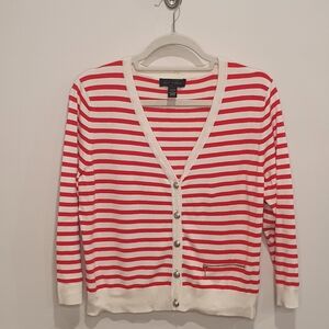 Cable and Gauge striped cardigan sweater, red and ivory, size large